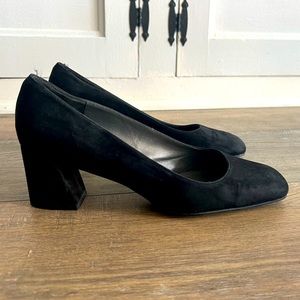 Stuart Weitzman MaryMid black suede shoes / angled block covered heel